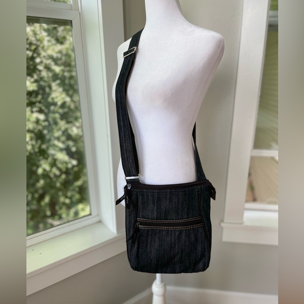 Thirty-One Black Denim Adjustable Crossbody Tote Bag Purse - Picture 3 of 10